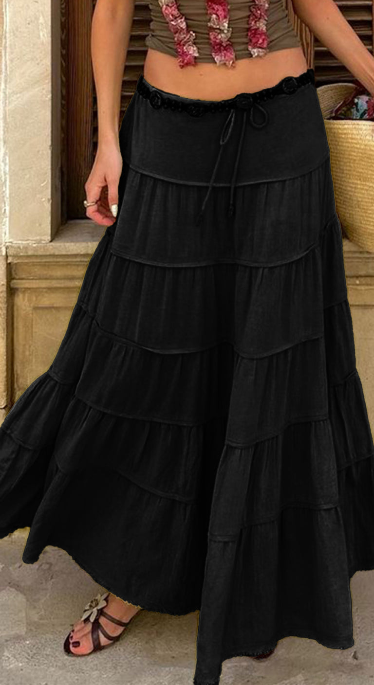 Vacation Style A-Line Tiered Skirt – Casual Women’s Midi Skirt